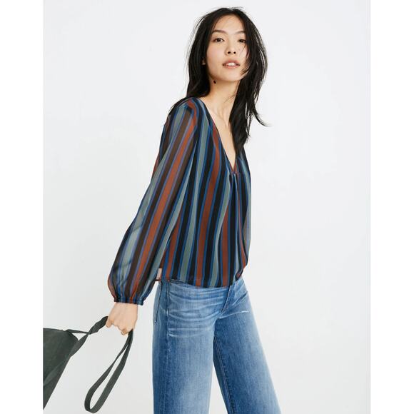 Madewell Sheer-Sleeve Top in Academy Stripe Color Winter Architect Green sz. XXS - Picture 2 of 11